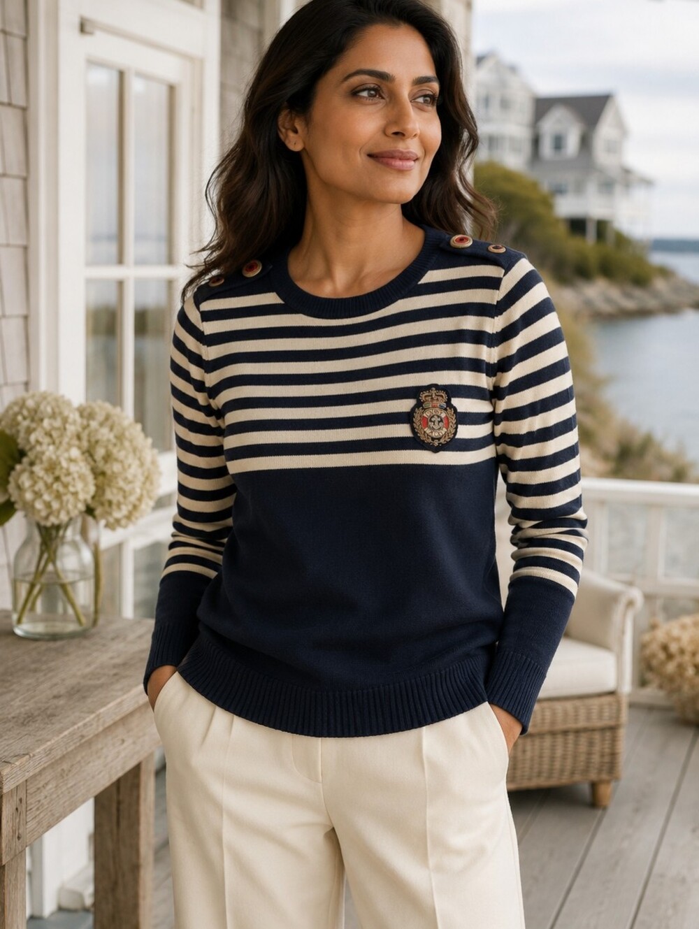 Vintage Mondi West Germany Nautical Breton Stripe Crest Sweater M